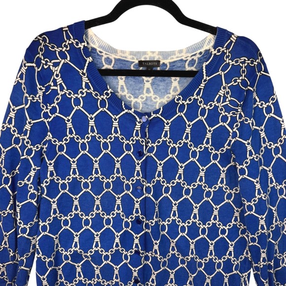 Talbots Cardigan Sweater Women's XL Blue Chain Print Button Front 3/4 Sleeve - Picture 4 of 11